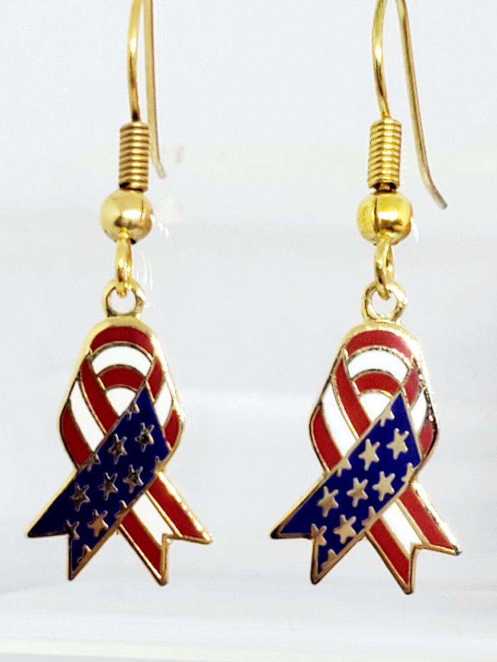 Patriotic USA American Flag Red White Blue Ribbon Dangle Pierced Earrings